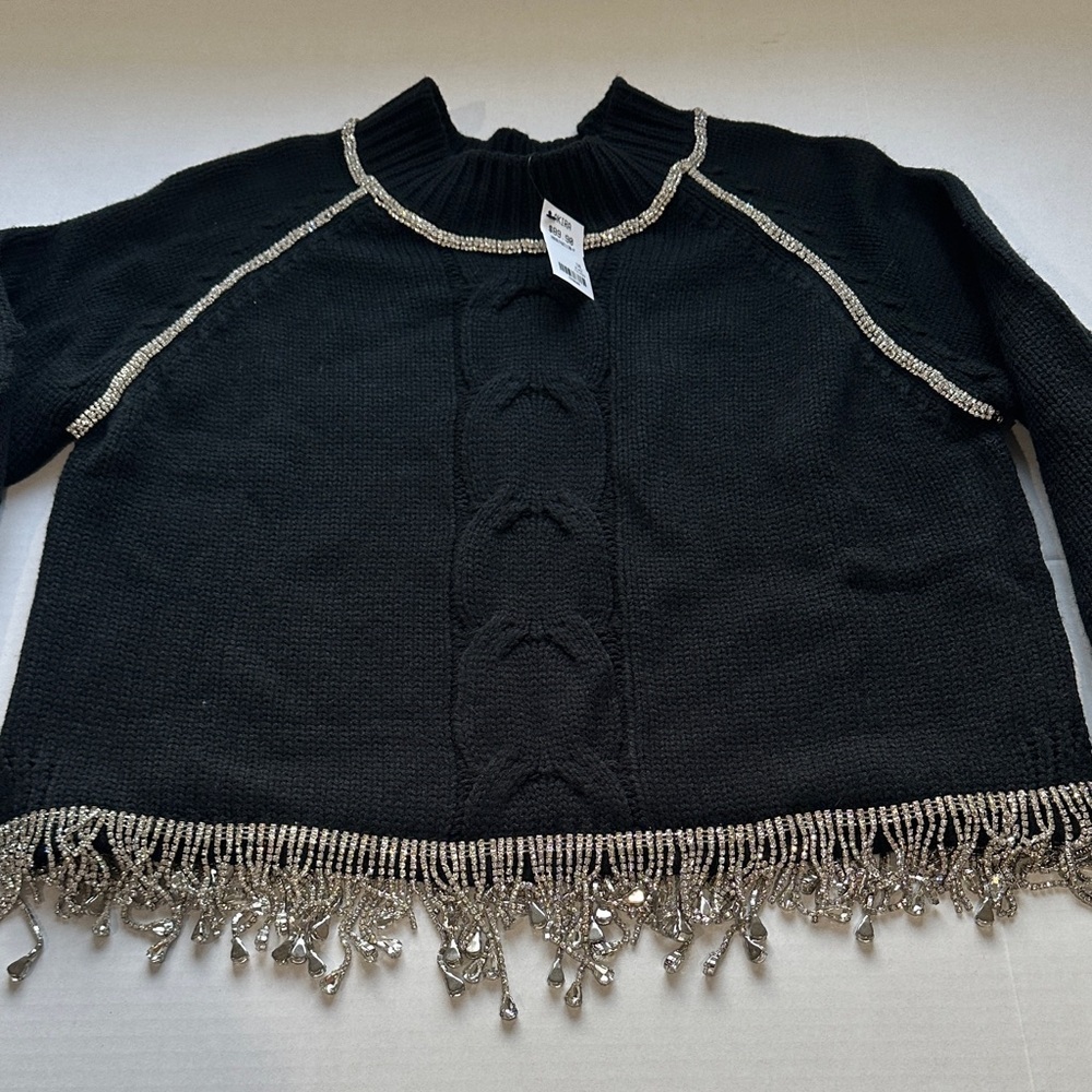 AKIRA Black Turtleneck Sweater with Silver Fringe